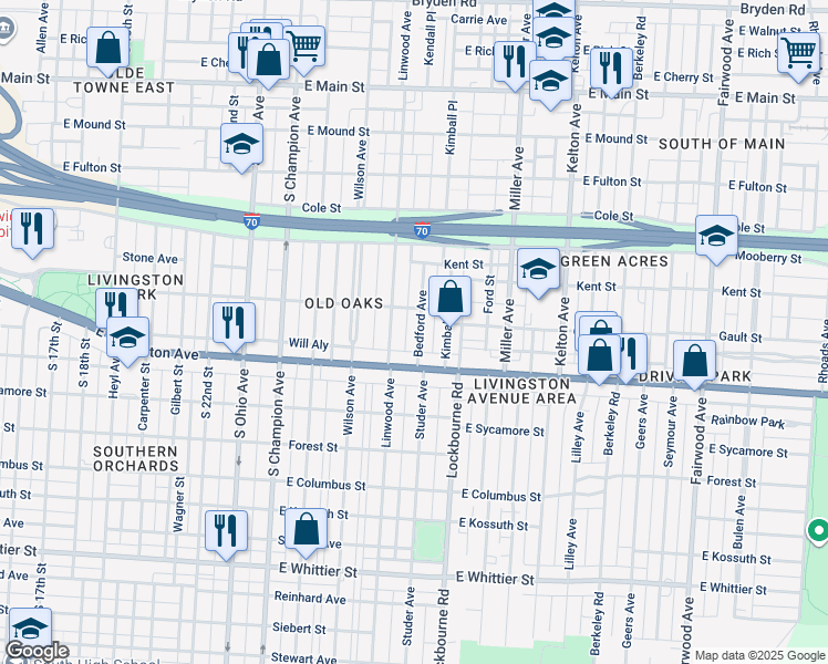 map of restaurants, bars, coffee shops, grocery stores, and more near 733 Bedford Avenue in Columbus