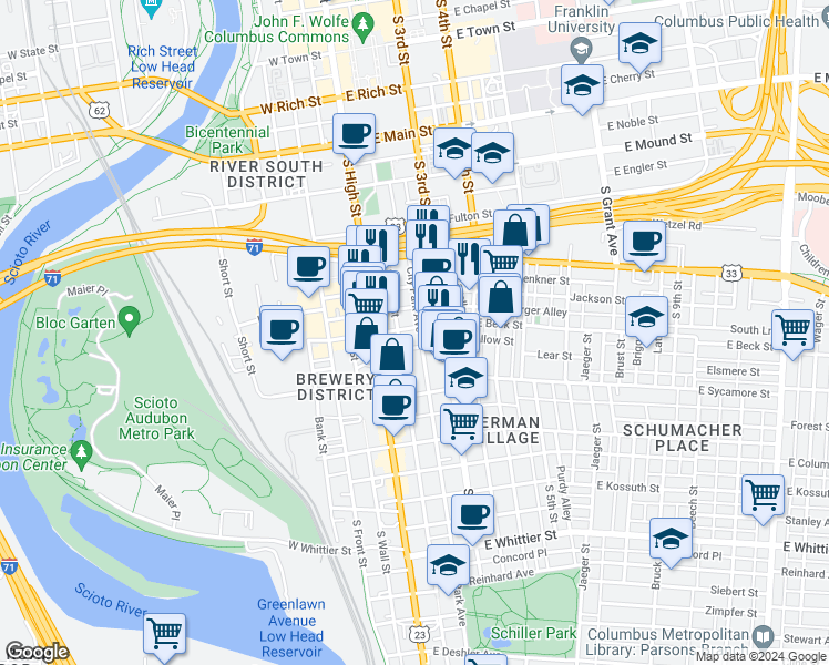 map of restaurants, bars, coffee shops, grocery stores, and more near 556 City Park Avenue in Columbus
