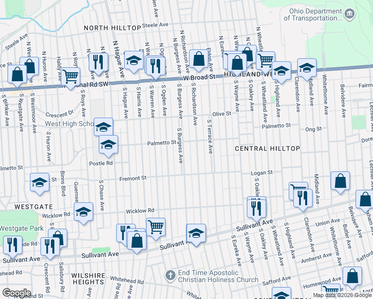 map of restaurants, bars, coffee shops, grocery stores, and more near 206 South Burgess Avenue in Columbus