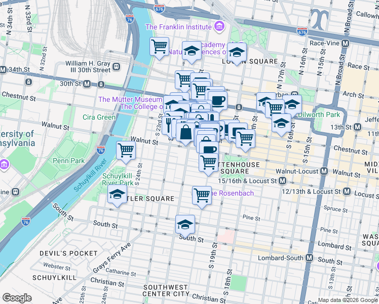 map of restaurants, bars, coffee shops, grocery stores, and more near 2100 Walnut Street in Philadelphia