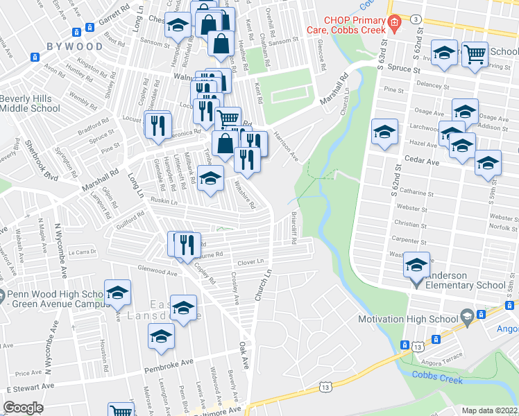 map of restaurants, bars, coffee shops, grocery stores, and more near 6923 Ruskin Lane in Upper Darby