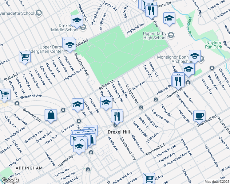 map of restaurants, bars, coffee shops, grocery stores, and more near 514 Lombardy Road in Drexel Hill