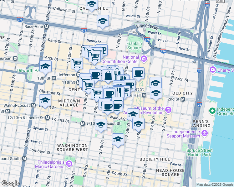 map of restaurants, bars, coffee shops, grocery stores, and more near 706 Market Street in Philadelphia