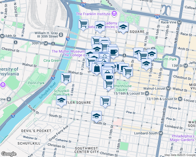 map of restaurants, bars, coffee shops, grocery stores, and more near 2100 Walnut Street in Philadelphia