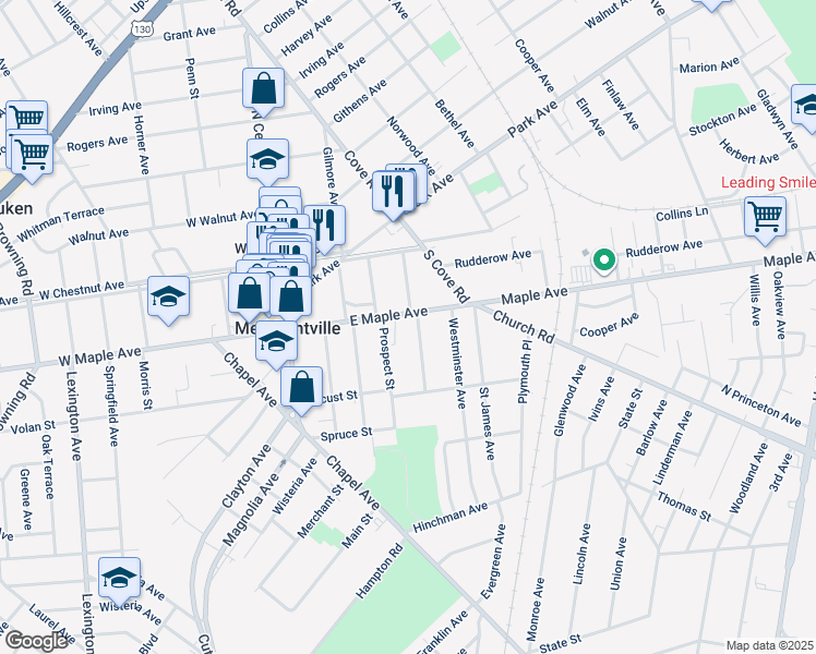 map of restaurants, bars, coffee shops, grocery stores, and more near 210 East Maple Avenue in Merchantville