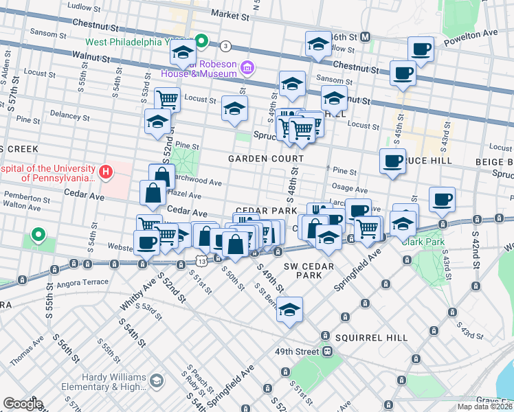 map of restaurants, bars, coffee shops, grocery stores, and more near S 49th St & Hazel Ave in Philadelphia