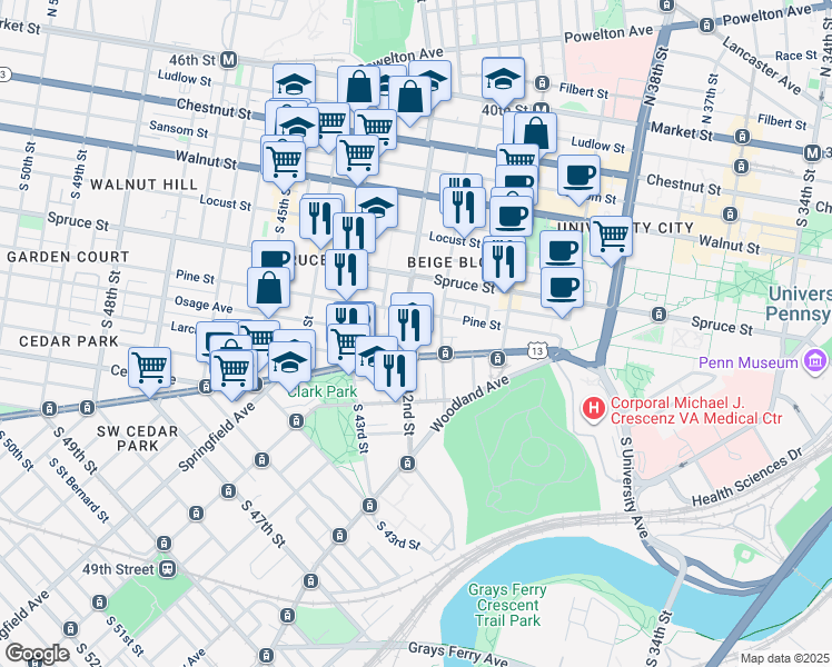 map of restaurants, bars, coffee shops, grocery stores, and more near 405 South 42nd Street in Philadelphia