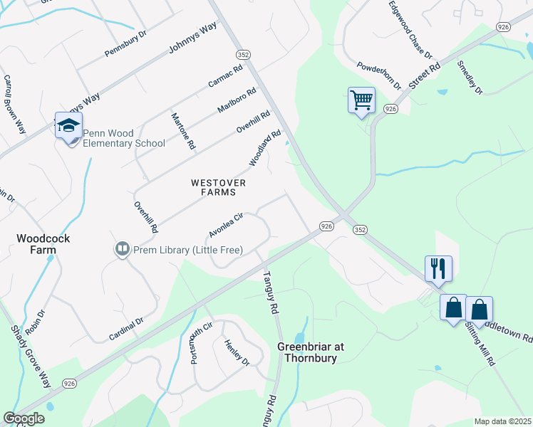 map of restaurants, bars, coffee shops, grocery stores, and more near 1540 Apple Tree Road in Chester County