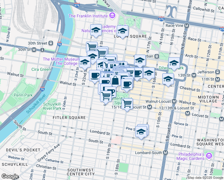 map of restaurants, bars, coffee shops, grocery stores, and more near 1917 Walnut St in Philadelphia