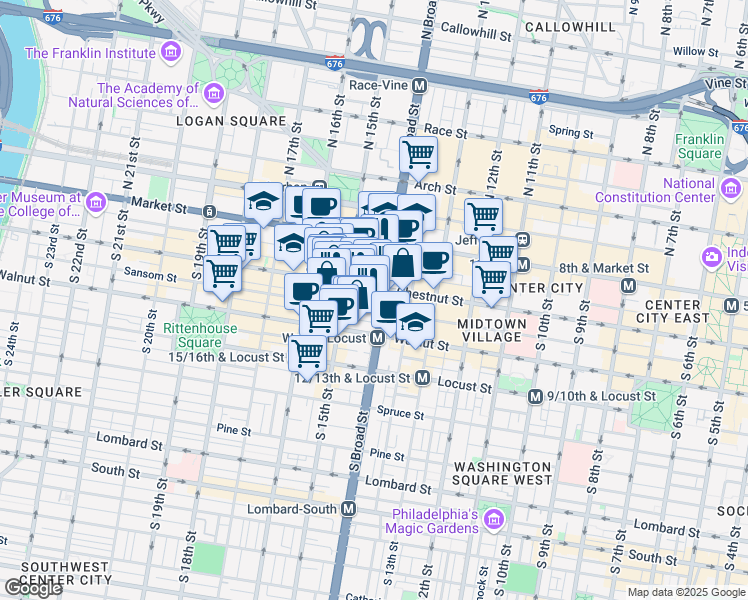 map of restaurants, bars, coffee shops, grocery stores, and more near 1400 Chestnut Street in Philadelphia