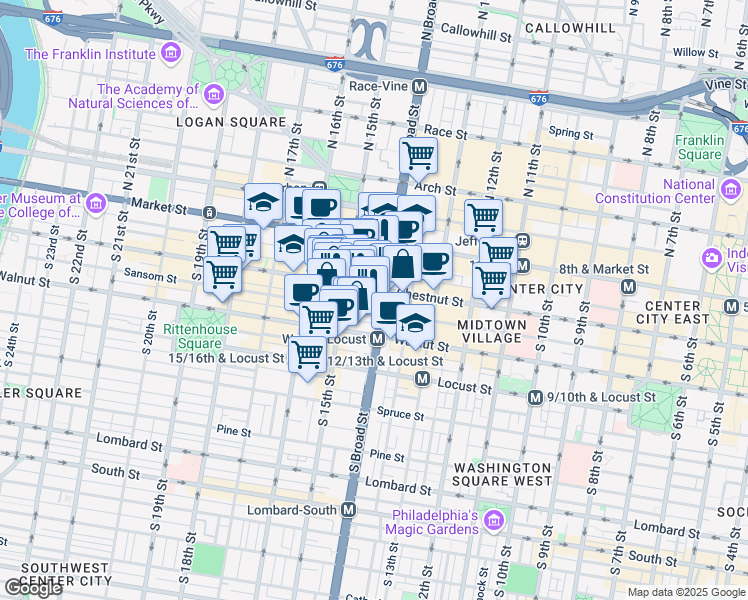 map of restaurants, bars, coffee shops, grocery stores, and more near 1400 Chestnut Street in Philadelphia