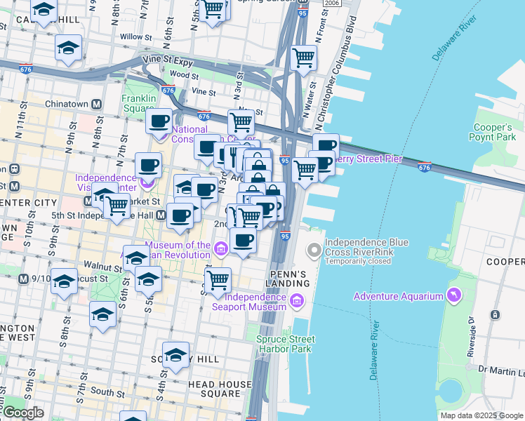 map of restaurants, bars, coffee shops, grocery stores, and more near 115 Church Street in Philadelphia