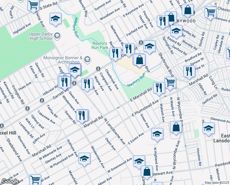 map of restaurants, bars, coffee shops, grocery stores, and more near 321 Congress Avenue in Lansdowne