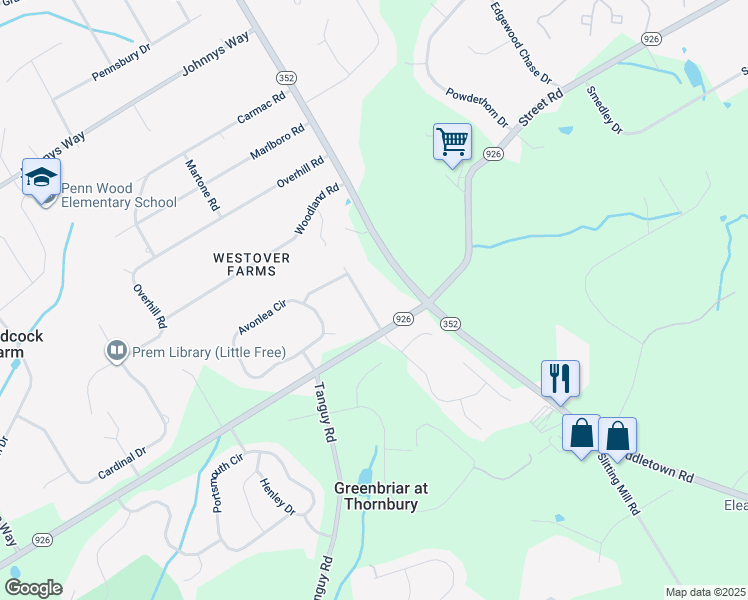 map of restaurants, bars, coffee shops, grocery stores, and more near 1117 Butternut Road in Glen Mills