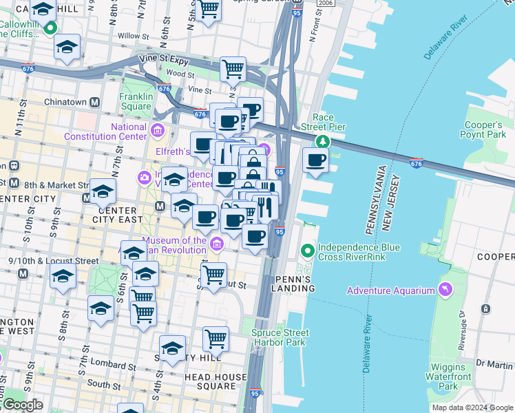 map of restaurants, bars, coffee shops, grocery stores, and more near 115 Church Street in Philadelphia