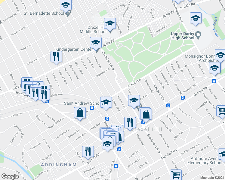 map of restaurants, bars, coffee shops, grocery stores, and more near 604 Harper Avenue in Drexel Hill
