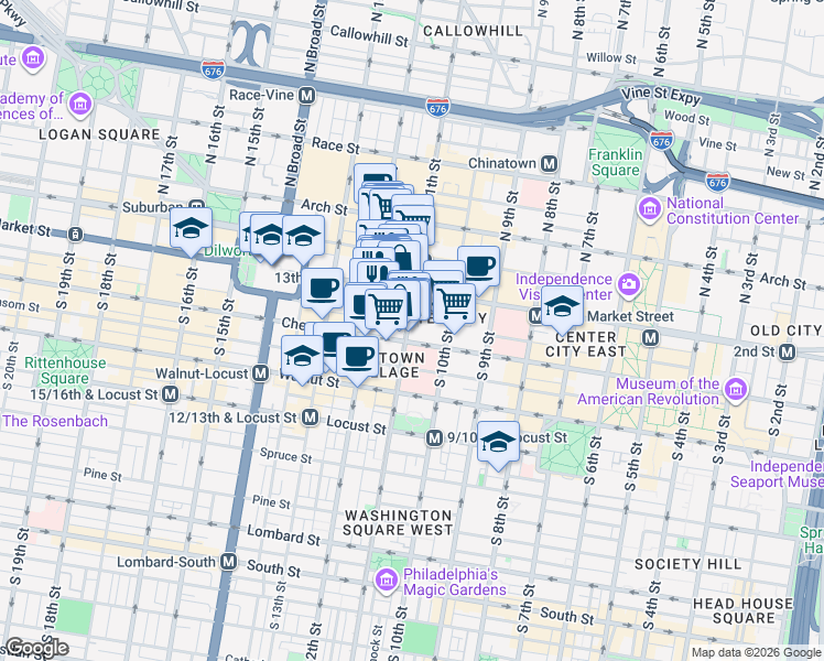 map of restaurants, bars, coffee shops, grocery stores, and more near 1100 Ludlow Street in Philadelphia
