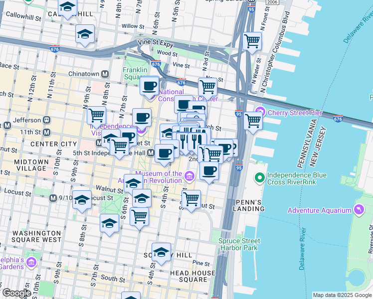 map of restaurants, bars, coffee shops, grocery stores, and more near 309 Market Street in Philadelphia