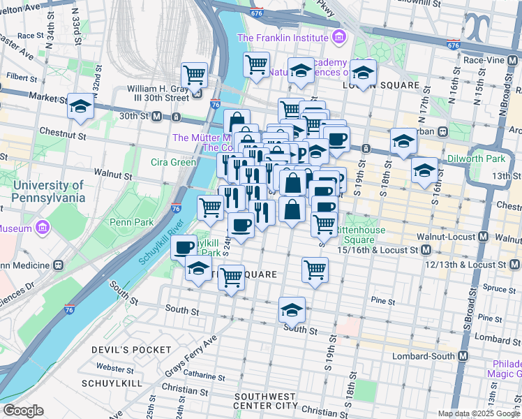 map of restaurants, bars, coffee shops, grocery stores, and more near 2207 Saint James Place in Philadelphia
