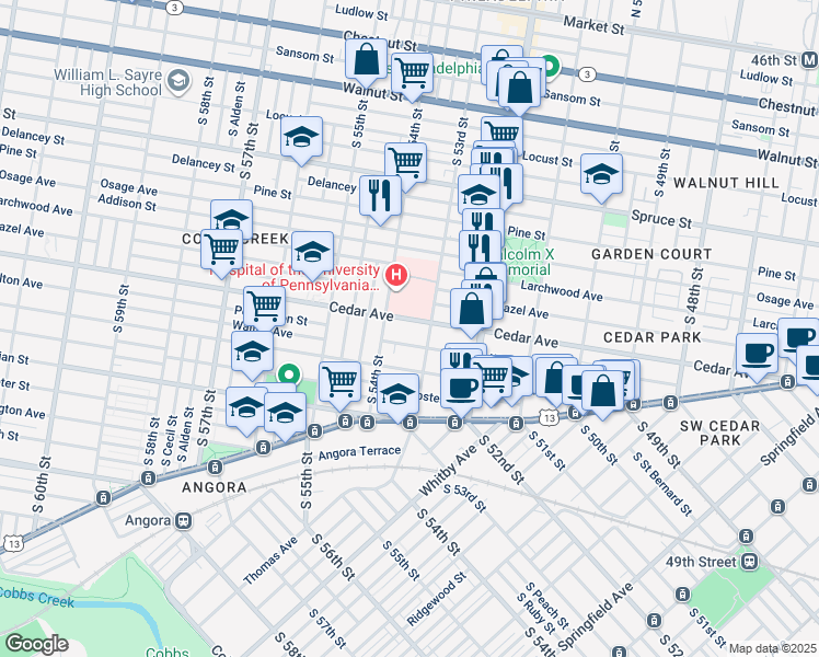map of restaurants, bars, coffee shops, grocery stores, and more near 5324 Cedar Avenue in Philadelphia