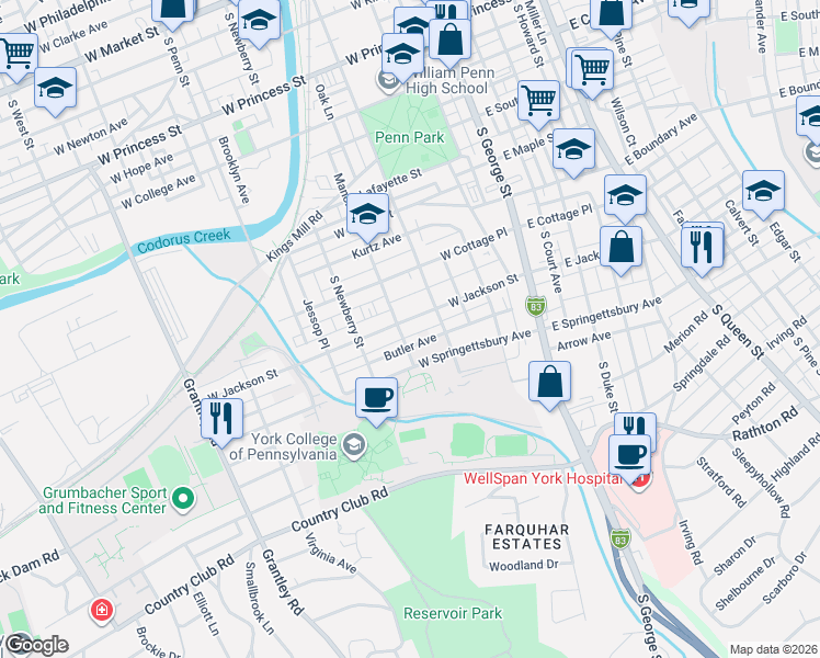 map of restaurants, bars, coffee shops, grocery stores, and more near 247 West Jackson Street in York
