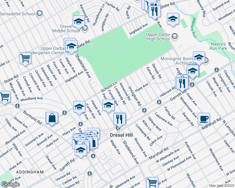 map of restaurants, bars, coffee shops, grocery stores, and more near 514 Lombardy Road in Drexel Hill