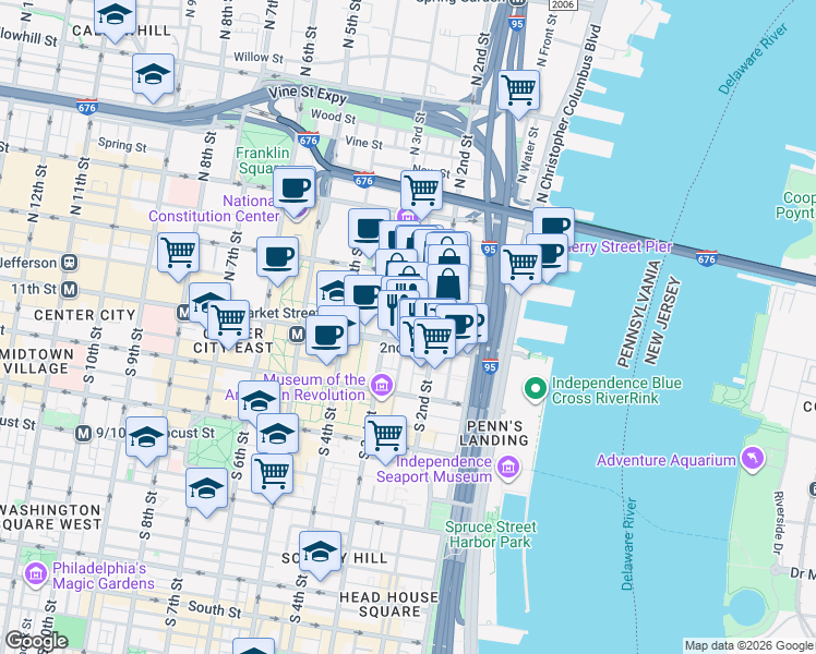 map of restaurants, bars, coffee shops, grocery stores, and more near 51 North 3rd Street in Philadelphia