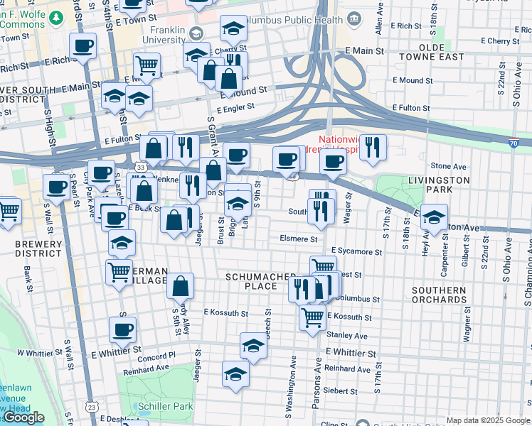 map of restaurants, bars, coffee shops, grocery stores, and more near 457 Jackson Street in Columbus