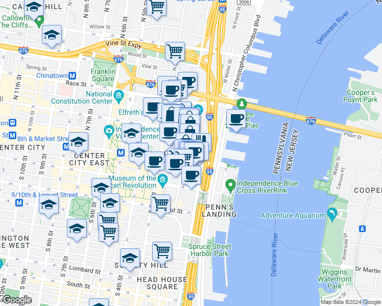 map of restaurants, bars, coffee shops, grocery stores, and more near 119 Church Street in Philadelphia