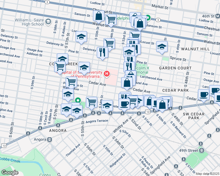 map of restaurants, bars, coffee shops, grocery stores, and more near 5326 Cedar Ave in Philadelphia