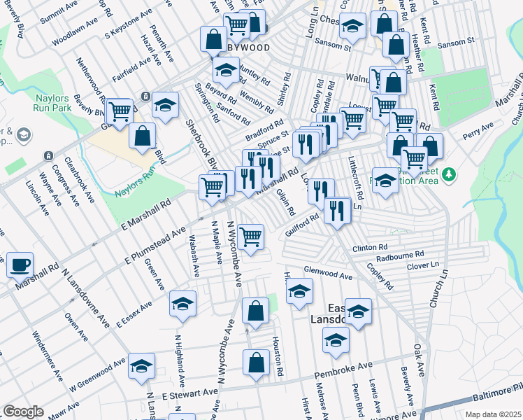 map of restaurants, bars, coffee shops, grocery stores, and more near 58 Springton Road in Upper Darby