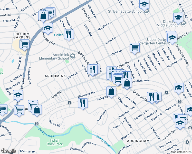 map of restaurants, bars, coffee shops, grocery stores, and more near 805 Burmont Rd in Drexel Hill