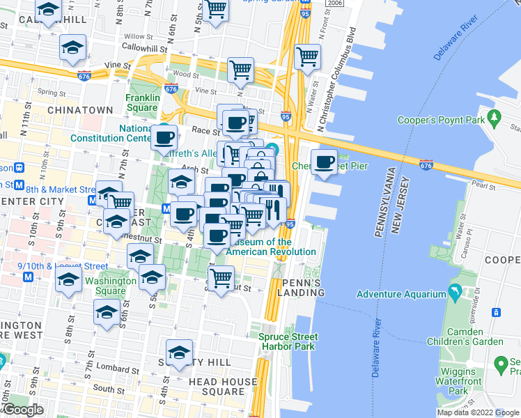map of restaurants, bars, coffee shops, grocery stores, and more near 121 Church Street in Philadelphia