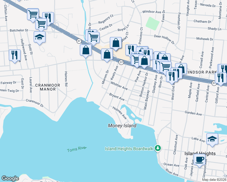map of restaurants, bars, coffee shops, grocery stores, and more near 1216 Whittier Avenue in Toms River