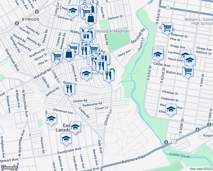 map of restaurants, bars, coffee shops, grocery stores, and more near 564 South 69th Street in Delaware County