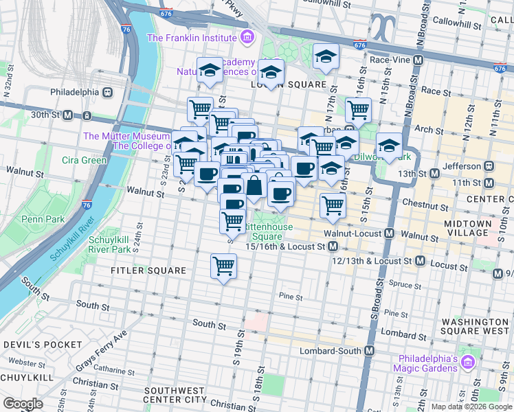 map of restaurants, bars, coffee shops, grocery stores, and more near 124-26 South 19th Street in Philadelphia