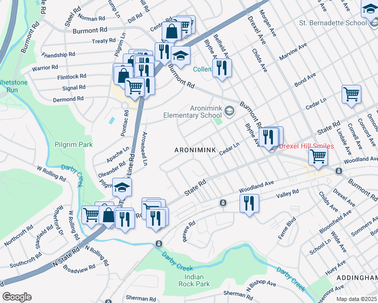 map of restaurants, bars, coffee shops, grocery stores, and more near 948 Mansion Road in Drexel Hill