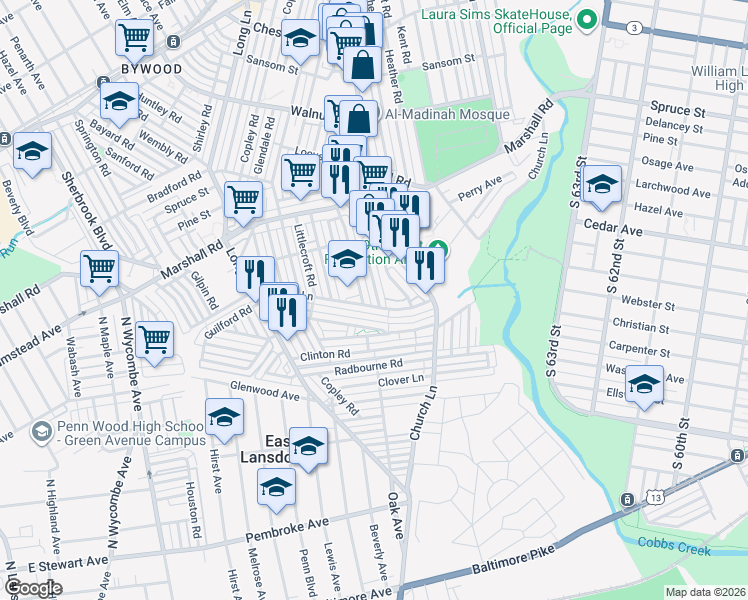 map of restaurants, bars, coffee shops, grocery stores, and more near 565 Timberlake Road in Delaware County