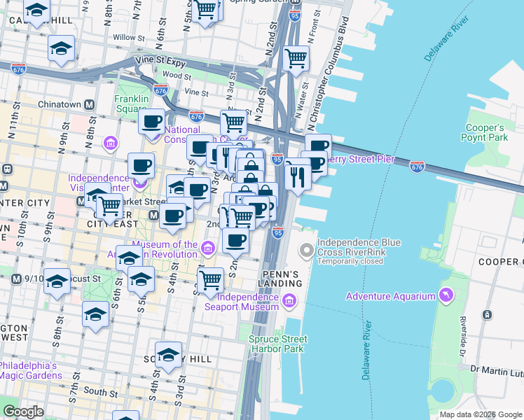map of restaurants, bars, coffee shops, grocery stores, and more near 24 Cuthbert Street in Philadelphia