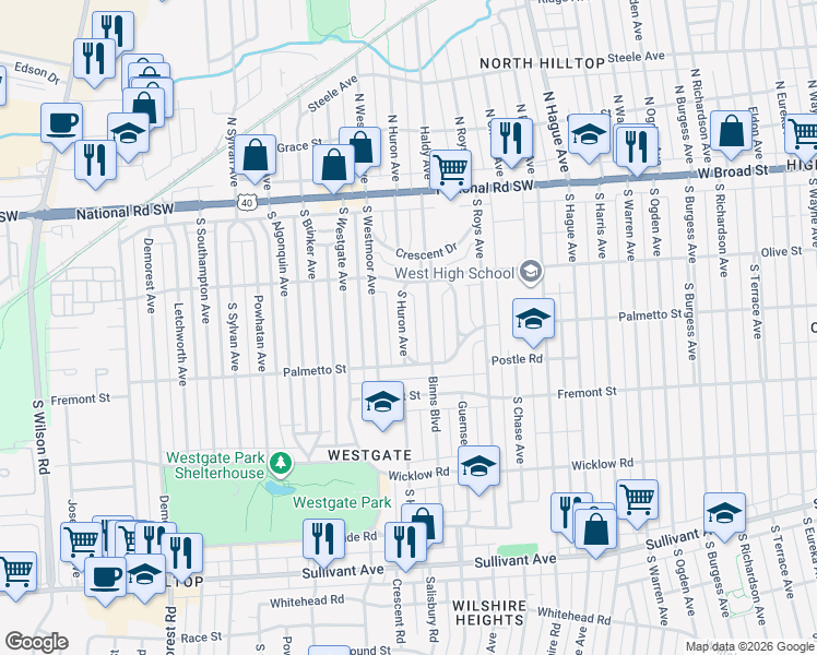 map of restaurants, bars, coffee shops, grocery stores, and more near 192 South Huron Avenue in Columbus