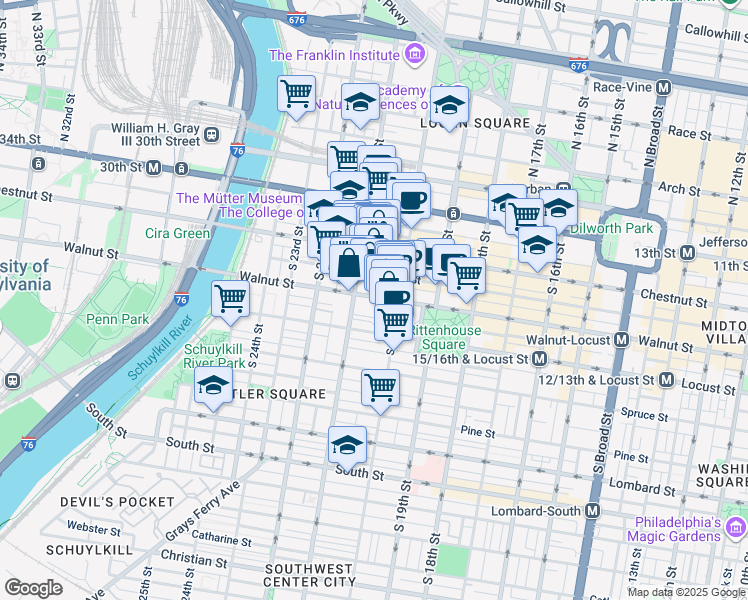 map of restaurants, bars, coffee shops, grocery stores, and more near 2024 Walnut Street in Philadelphia