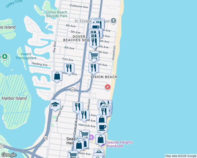 map of restaurants, bars, coffee shops, grocery stores, and more near 27 South Beach Drive in Seaside Heights