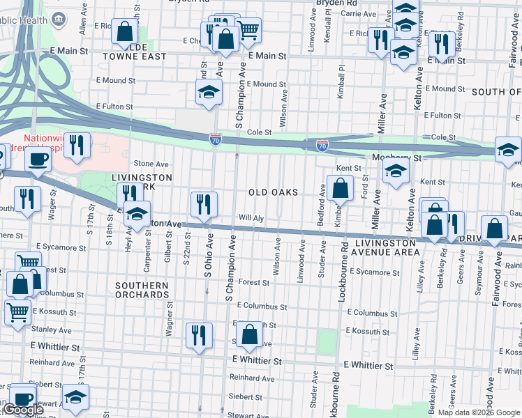 map of restaurants, bars, coffee shops, grocery stores, and more near in Columbus