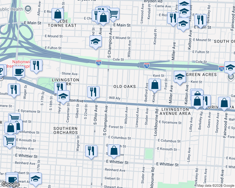 map of restaurants, bars, coffee shops, grocery stores, and more near 717 Wilson Avenue in Columbus