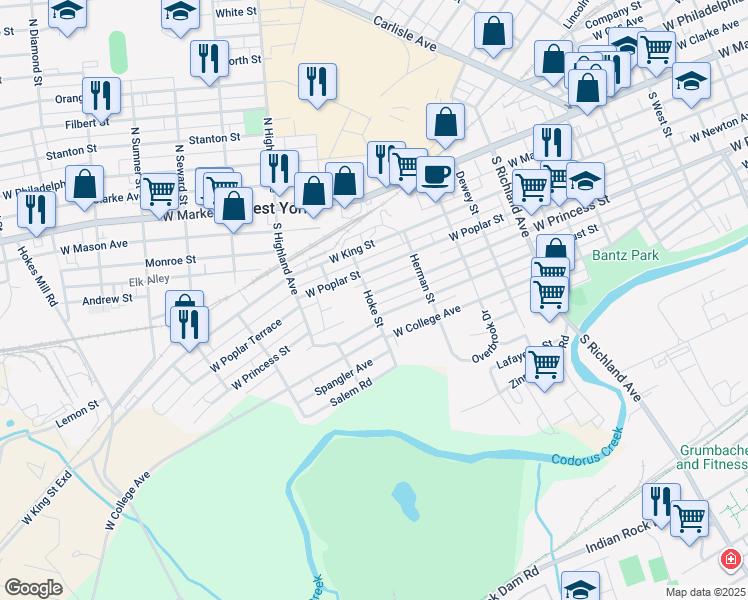 map of restaurants, bars, coffee shops, grocery stores, and more near 1298 West Princess Street in York