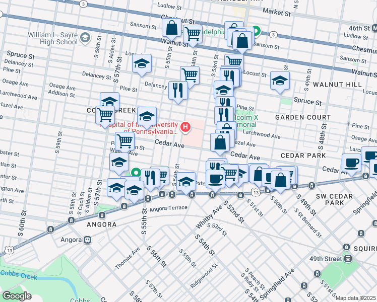 map of restaurants, bars, coffee shops, grocery stores, and more near 5324 Cedar Avenue in Philadelphia