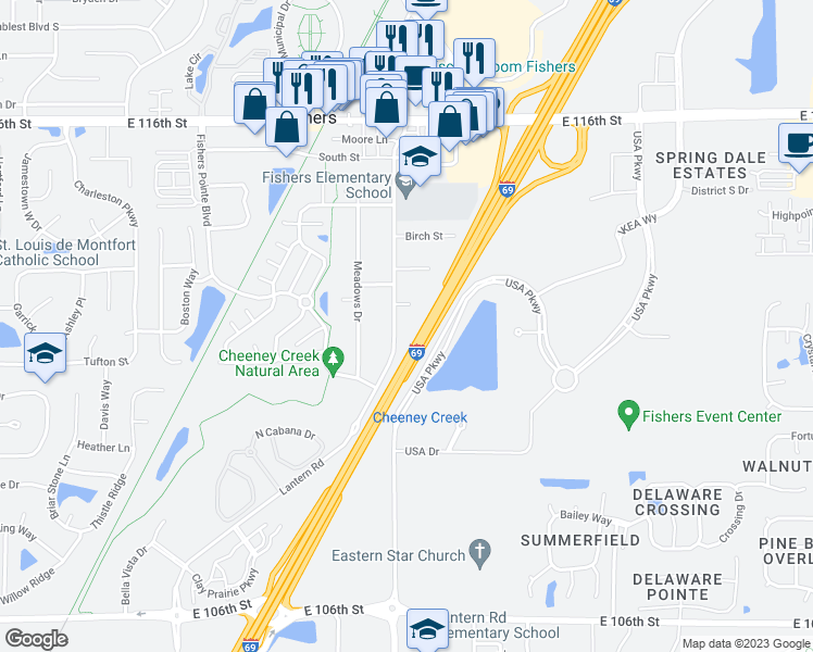 map of restaurants, bars, coffee shops, grocery stores, and more near 11245 Lantern Road in Fishers