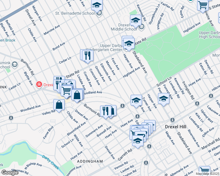 map of restaurants, bars, coffee shops, grocery stores, and more near 3718 Highland Avenue in Drexel Hill