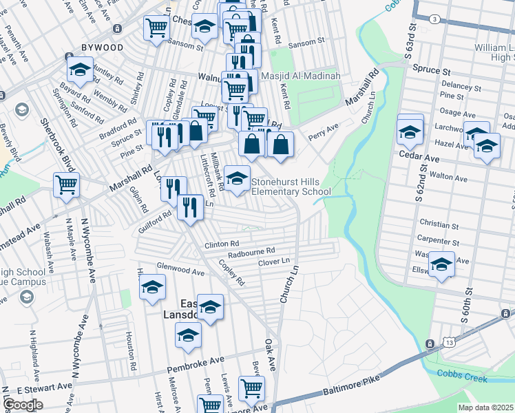 map of restaurants, bars, coffee shops, grocery stores, and more near 590 Snowden Road in Upper Darby