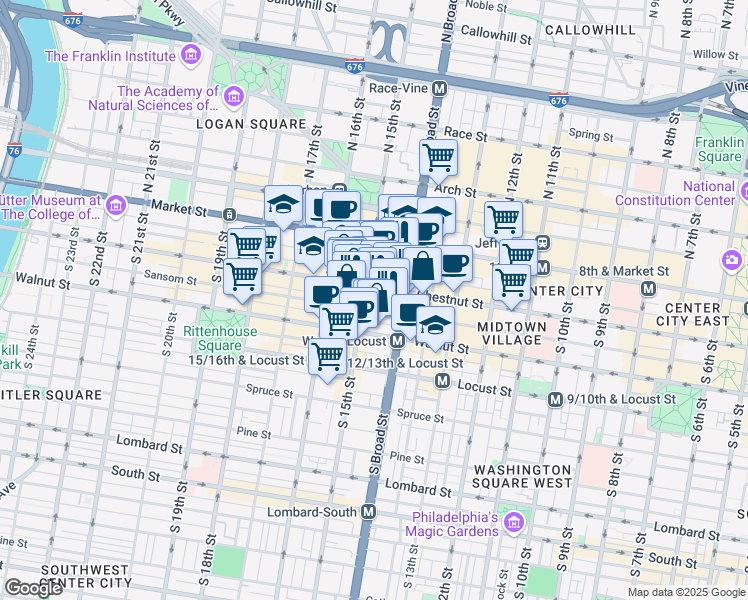 map of restaurants, bars, coffee shops, grocery stores, and more near 1416 Chestnut Street in Philadelphia
